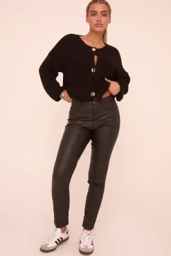 Rebellious Fashion Black Faux Leather Mid Waist Straight Leg Trousers - Deya
