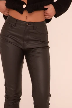 Rebellious Fashion Black Faux Leather Mid Waist Straight Leg Trousers - Deya