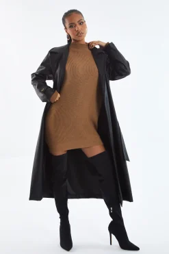 Rebellious Fashion Black Faux Leather Oversized Double Breasted Trench Coat- Xia