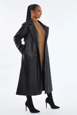 Rebellious Fashion Black Faux Leather Oversized Double Breasted Trench Coat- Xia