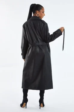 Rebellious Fashion Black Faux Leather Oversized Double Breasted Trench Coat- Xia