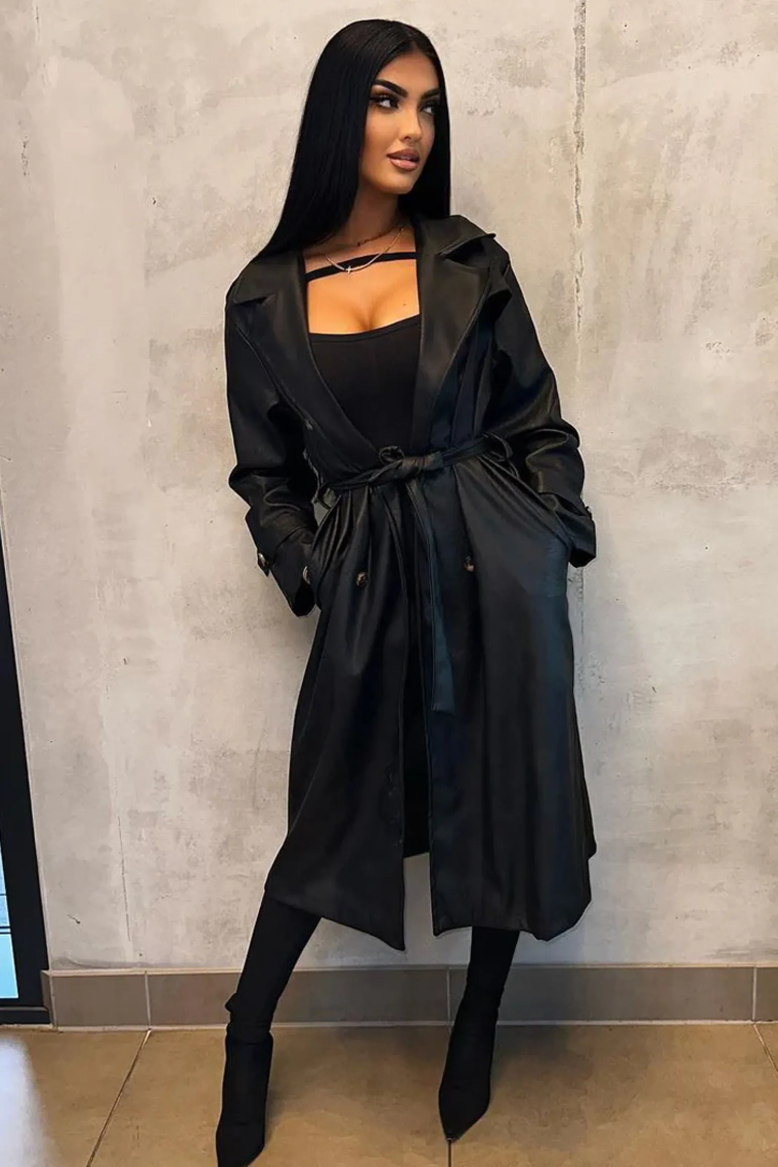 Rebellious Fashion Black Faux Leather Oversized Double Breasted Trench Coat- Xia