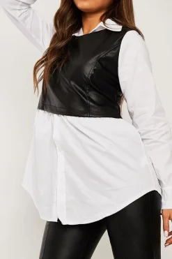 Rebellious Fashion Black Faux Leather Panel White Shirt - Leacy