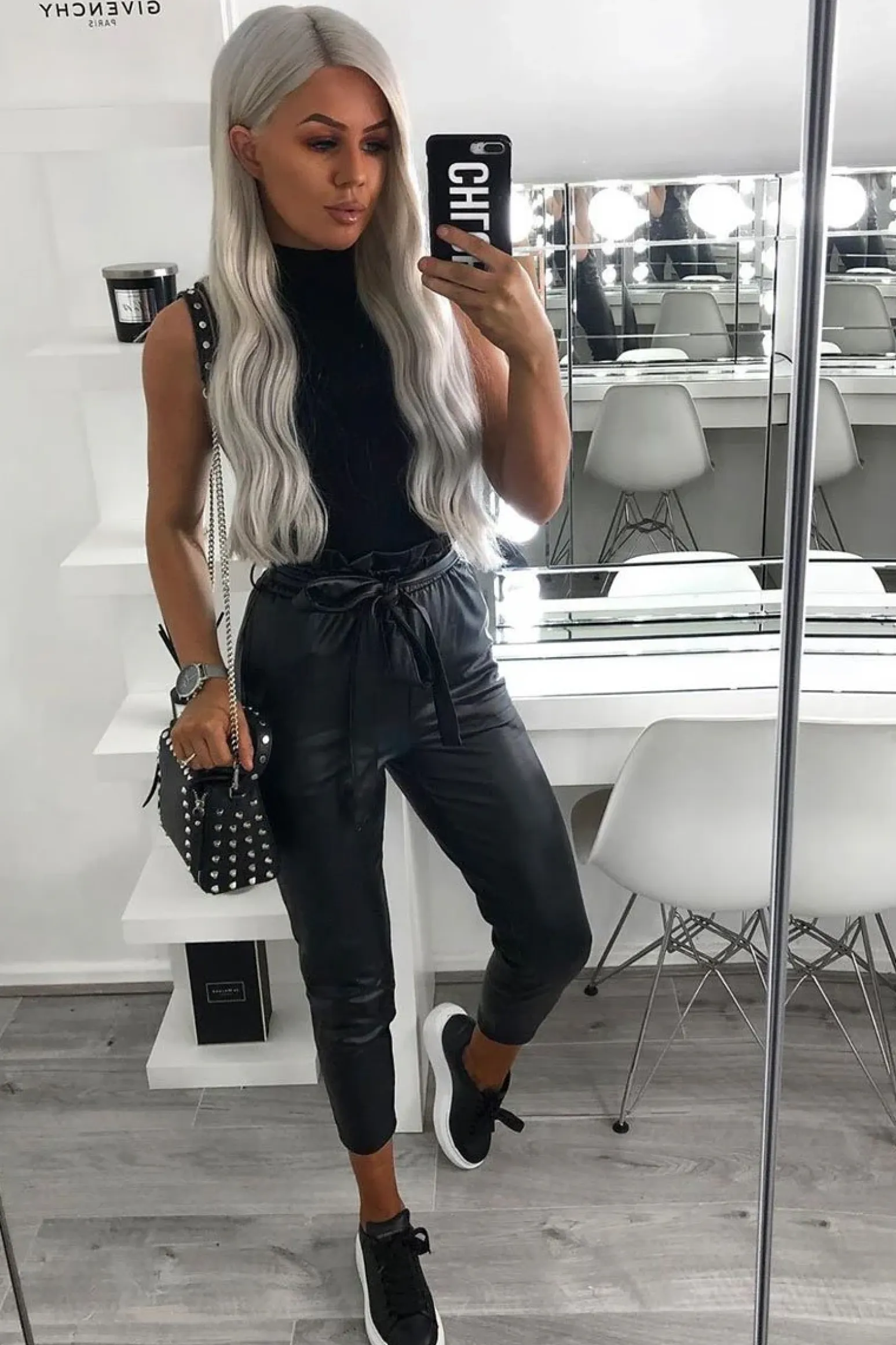 Rebellious Fashion Black Faux Leather Paper Bag Belted Tapered Trousers - Lucia