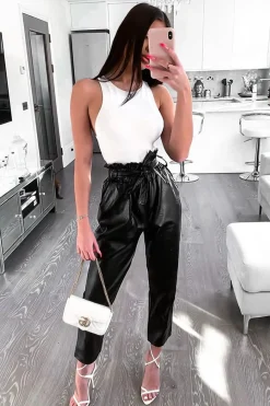Rebellious Fashion Black Faux Leather Paper Bag Belted Tapered Trousers - Lucia