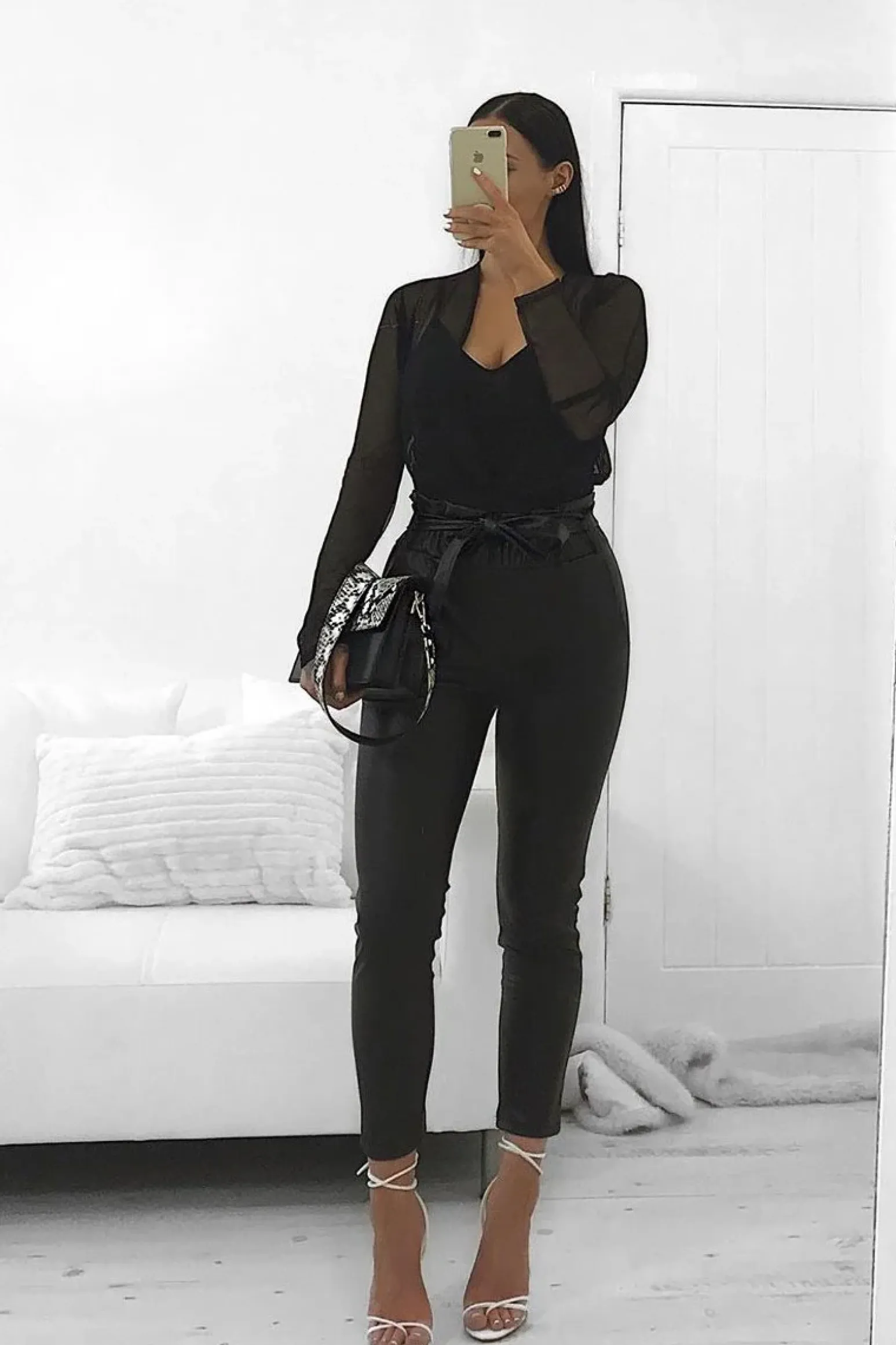 Rebellious Fashion Black Faux Leather Paper Bag Belted Tapered Trousers - Lucia
