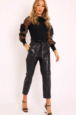 Rebellious Fashion Black Faux Leather Paper Bag Belted Tapered Trousers - Lucia