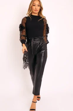 Rebellious Fashion Black Faux Leather Paper Bag Belted Tapered Trousers - Lucia