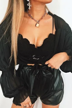 Rebellious Fashion Black Faux Leather Paper Bag Tie Waist Shorts - Laela