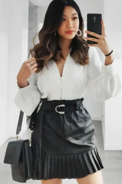 Rebellious Fashion Black Faux Leather Pleated Belted Mini Skirt - Bex