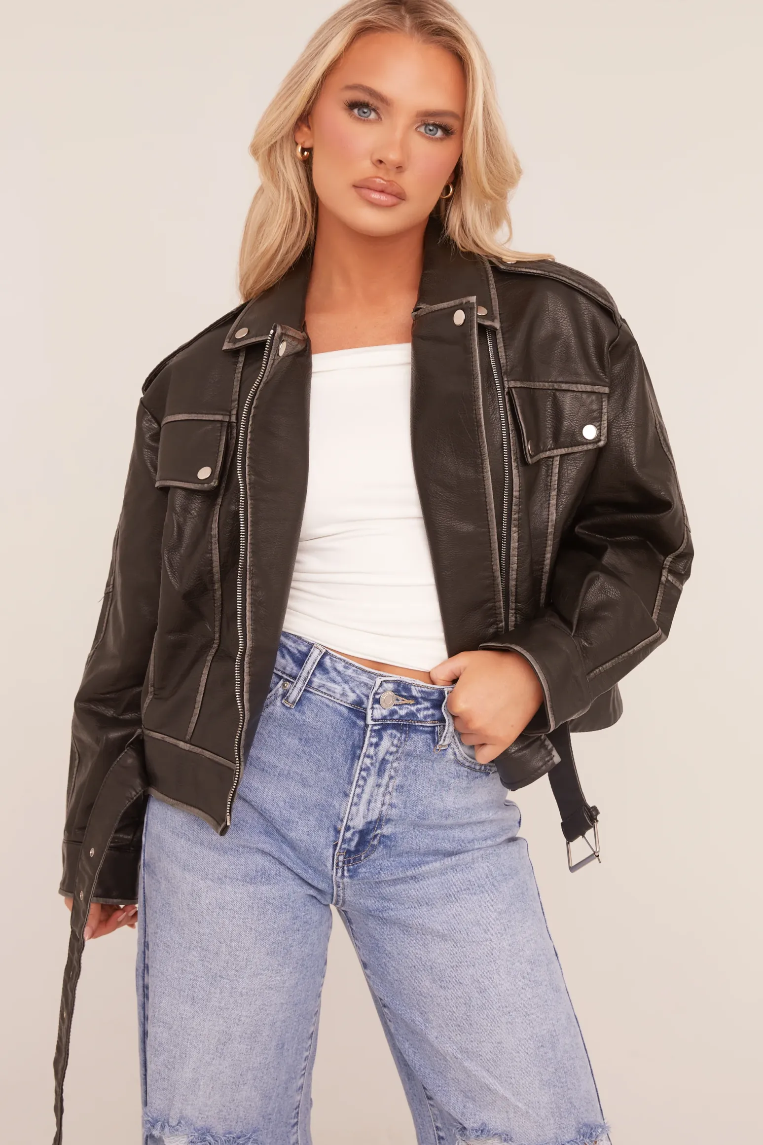 Rebellious Fashion Black Faux Leather Pocket Detail Biker Jacket - Evelyn
