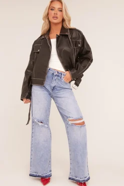 Rebellious Fashion Black Faux Leather Pocket Detail Biker Jacket - Evelyn