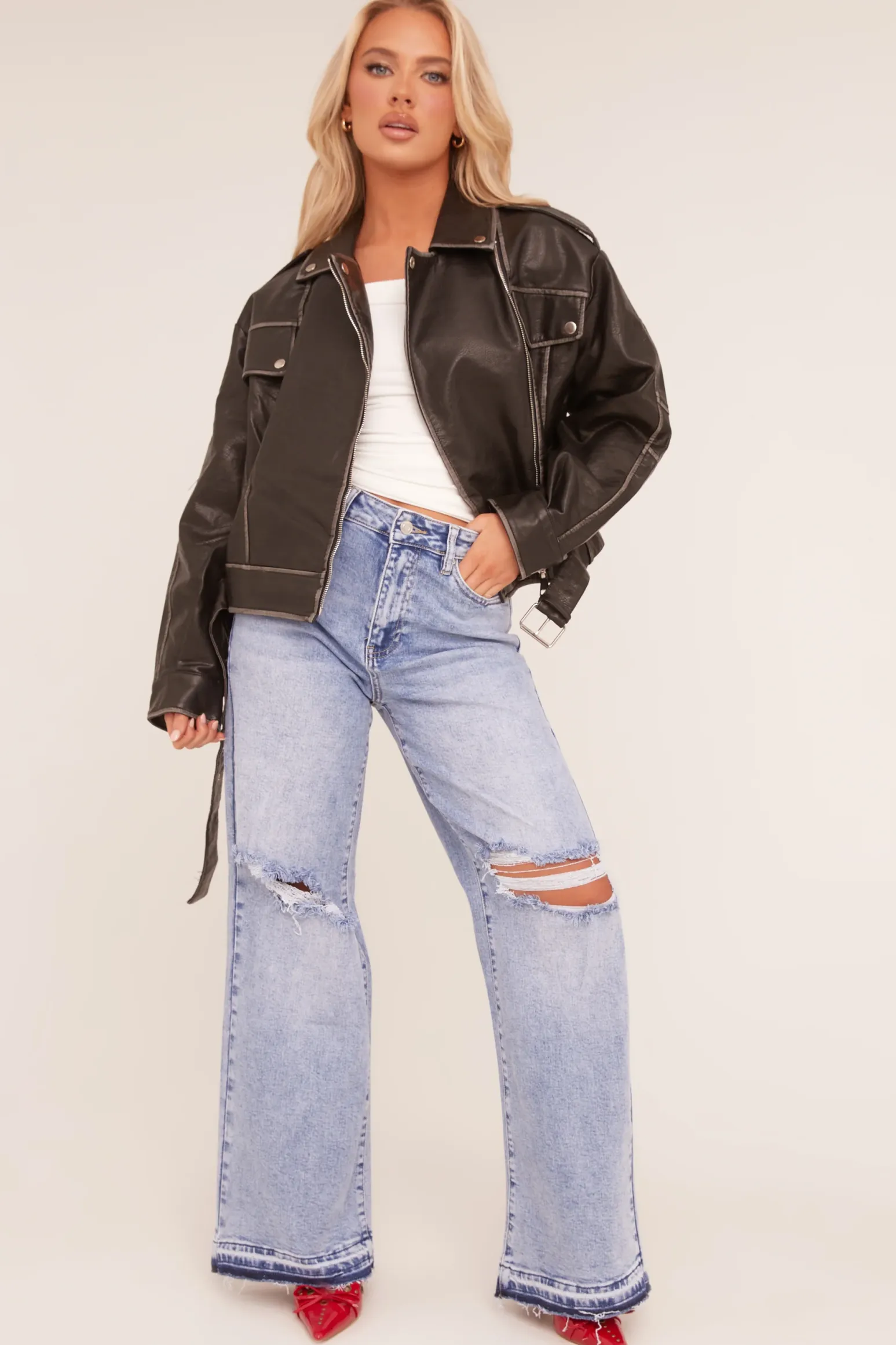 Rebellious Fashion Black Faux Leather Pocket Detail Biker Jacket - Evelyn