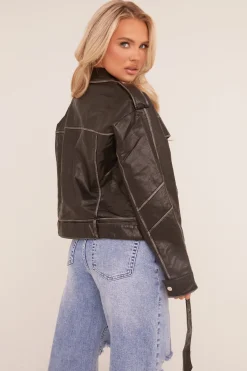 Rebellious Fashion Black Faux Leather Pocket Detail Biker Jacket - Evelyn