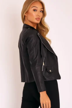 Rebellious Fashion Black Faux Leather Pocket Detail Zip Front Jacket - Lara