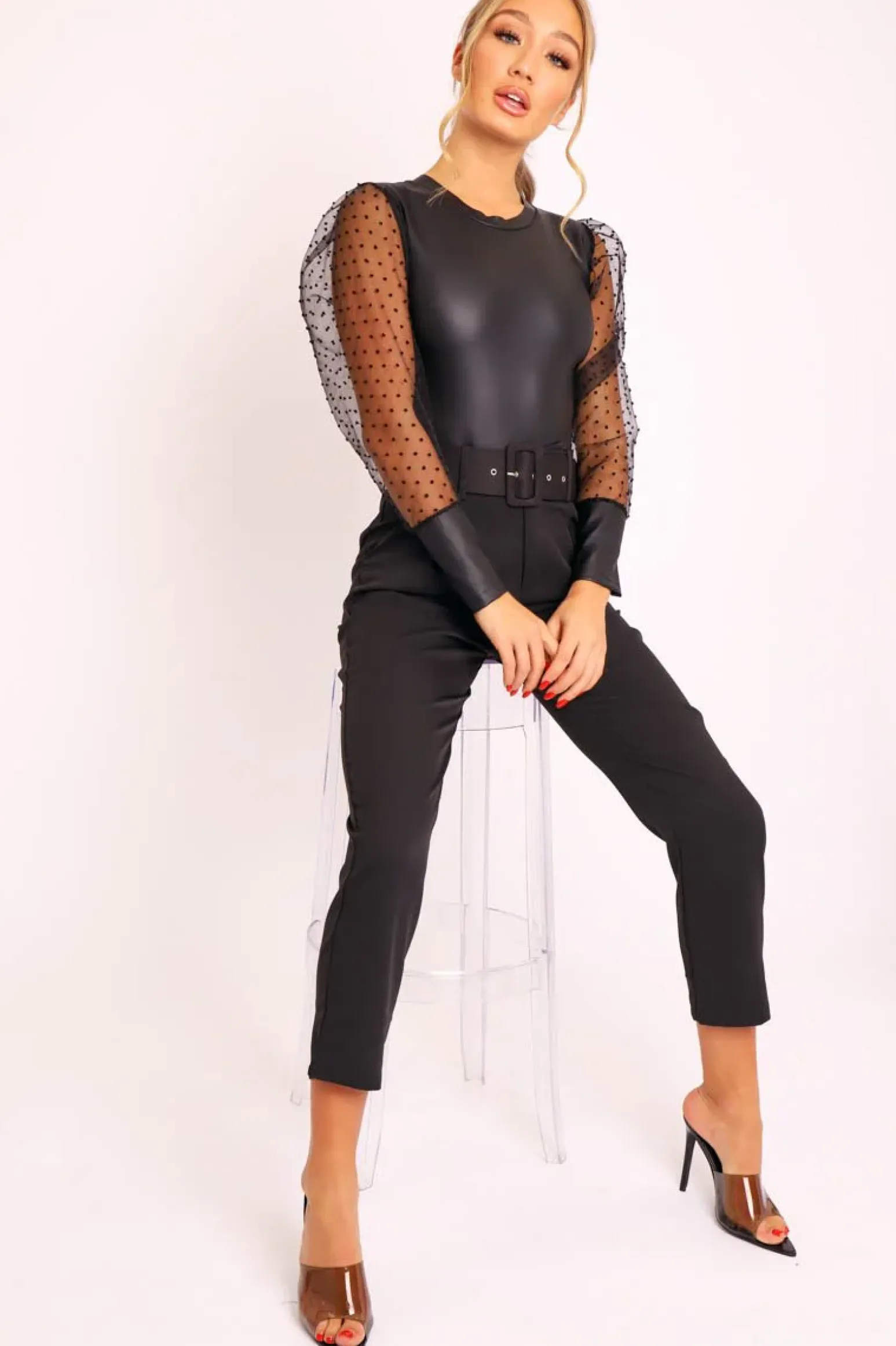Rebellious Fashion Black Faux Leather Polka Mesh Sleeve Bodysuit - Jannelly