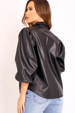 Rebellious Fashion Black Faux Leather Puff Sleeve Shirt - Candace