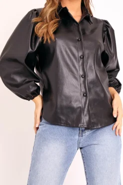 Rebellious Fashion Black Faux Leather Puff Sleeve Shirt - Candace