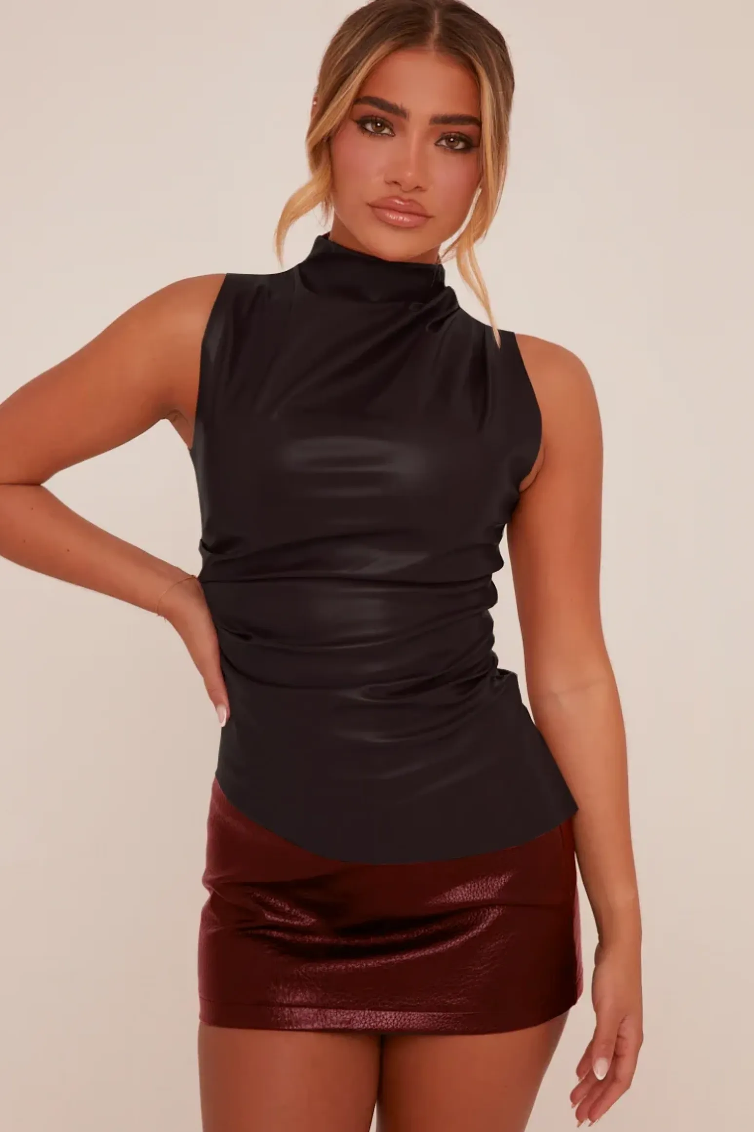 Rebellious Fashion Black Faux Leather Ruched Top - Danica