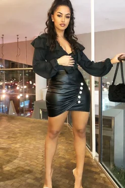 Rebellious Fashion Black Faux Leather Ruched Wrap Button Skirt - Lazaria