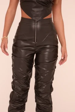 Rebellious Fashion Black Faux Leather Ruching Detail Trousers - Aneth