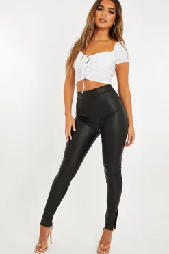 Rebellious Fashion Black Faux Leather Side Split Leggings - Katiana