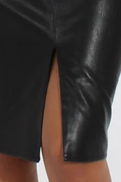 Rebellious Fashion Black Faux Leather Split Hem Midi Skirt - Kendra