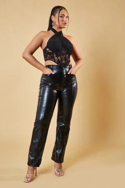 Rebellious Fashion Black Faux Leather Straight Leg Trousers - Arabella