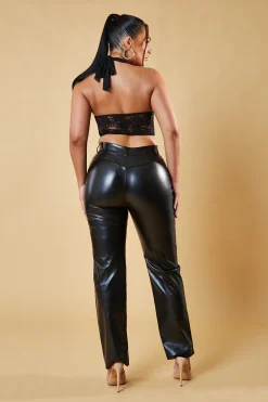 Rebellious Fashion Black Faux Leather Straight Leg Trousers - Arabella