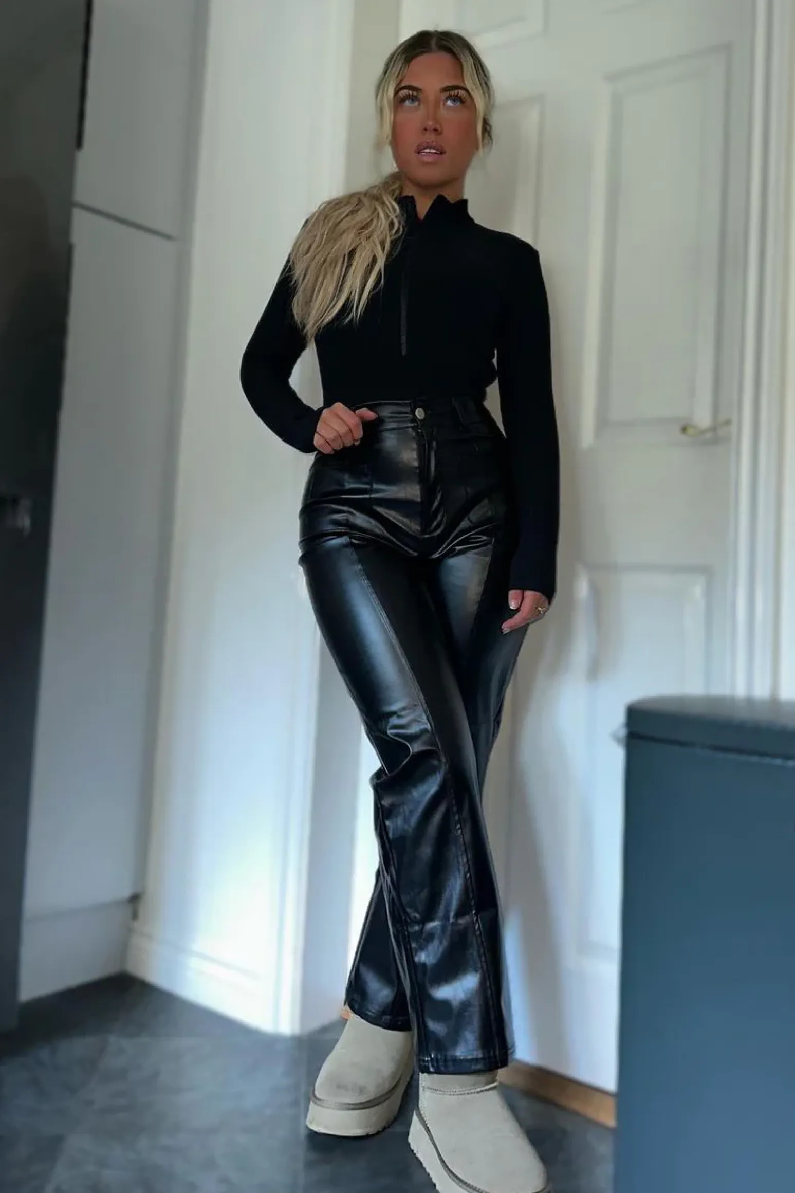 Rebellious Fashion Black Faux Leather Straight Leg Trousers - Arabella