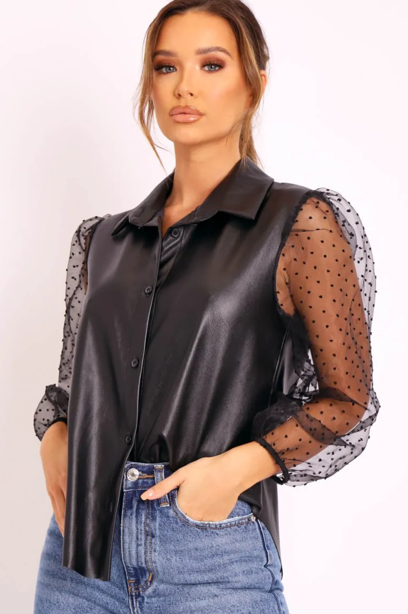Rebellious Fashion Black Faux Leather Swiss Dot Organza Sleeve Shirt - Roe