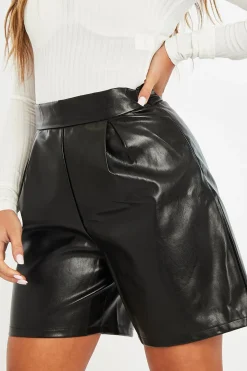 Rebellious Fashion Black Faux Leather Tailored Longline Short - Gloria