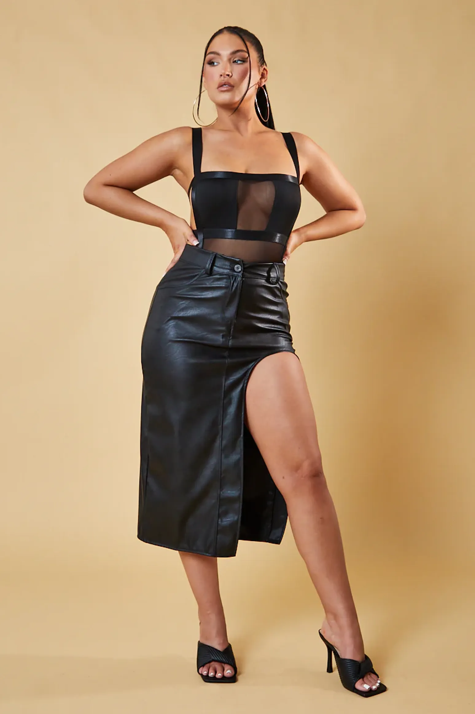 Rebellious Fashion Black Faux Leather Thigh Slit Midi Skirt - Jaden