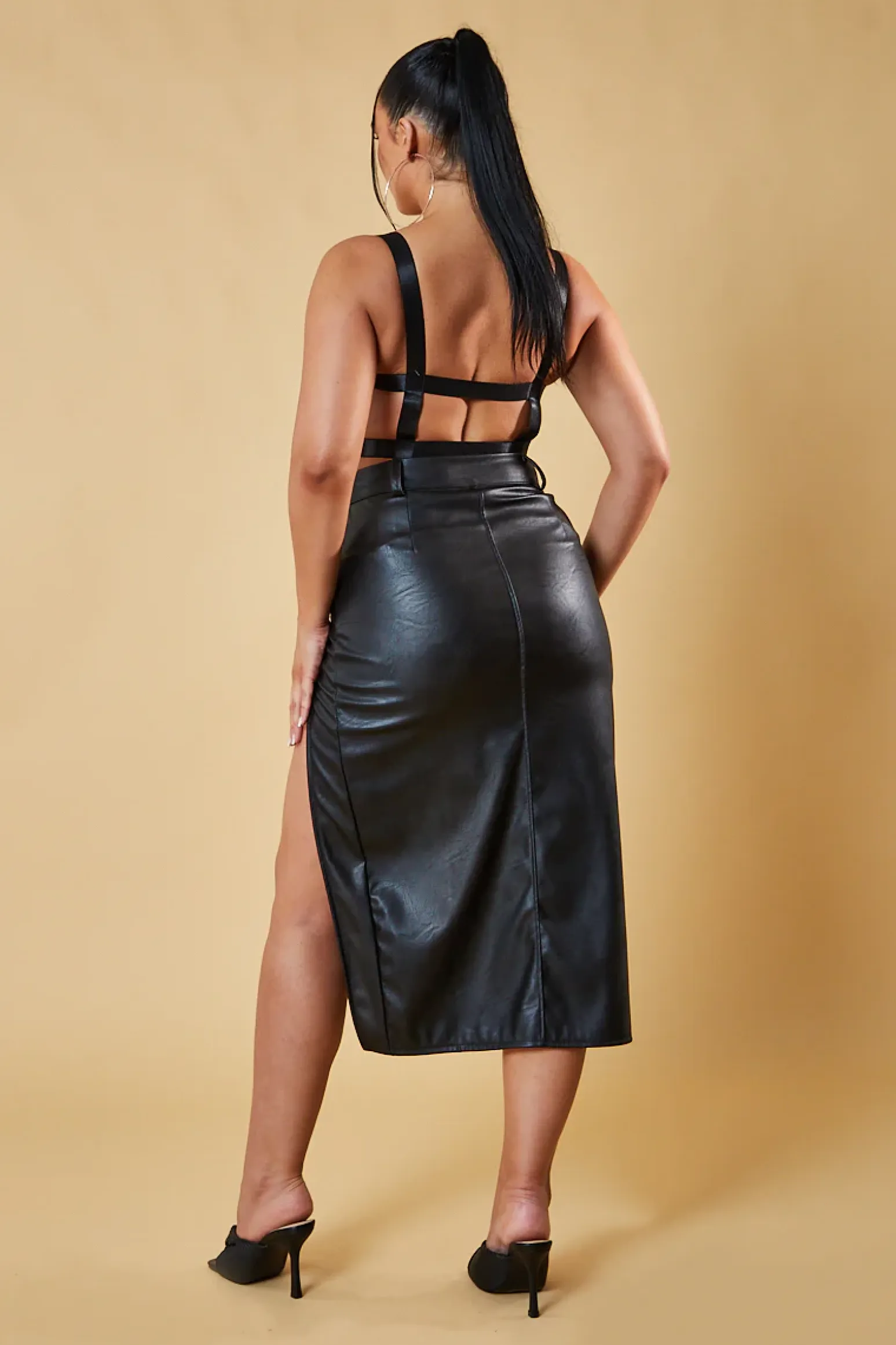 Rebellious Fashion Black Faux Leather Thigh Slit Midi Skirt - Jaden