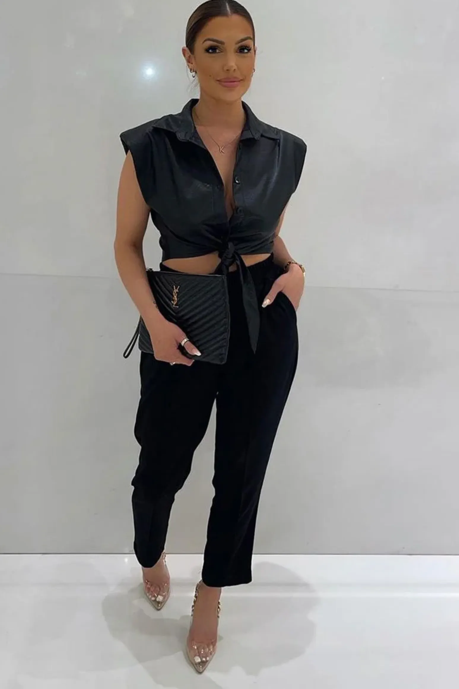 Rebellious Fashion Black Faux Leather Tie Shoulder Pad Shirt - Cristina
