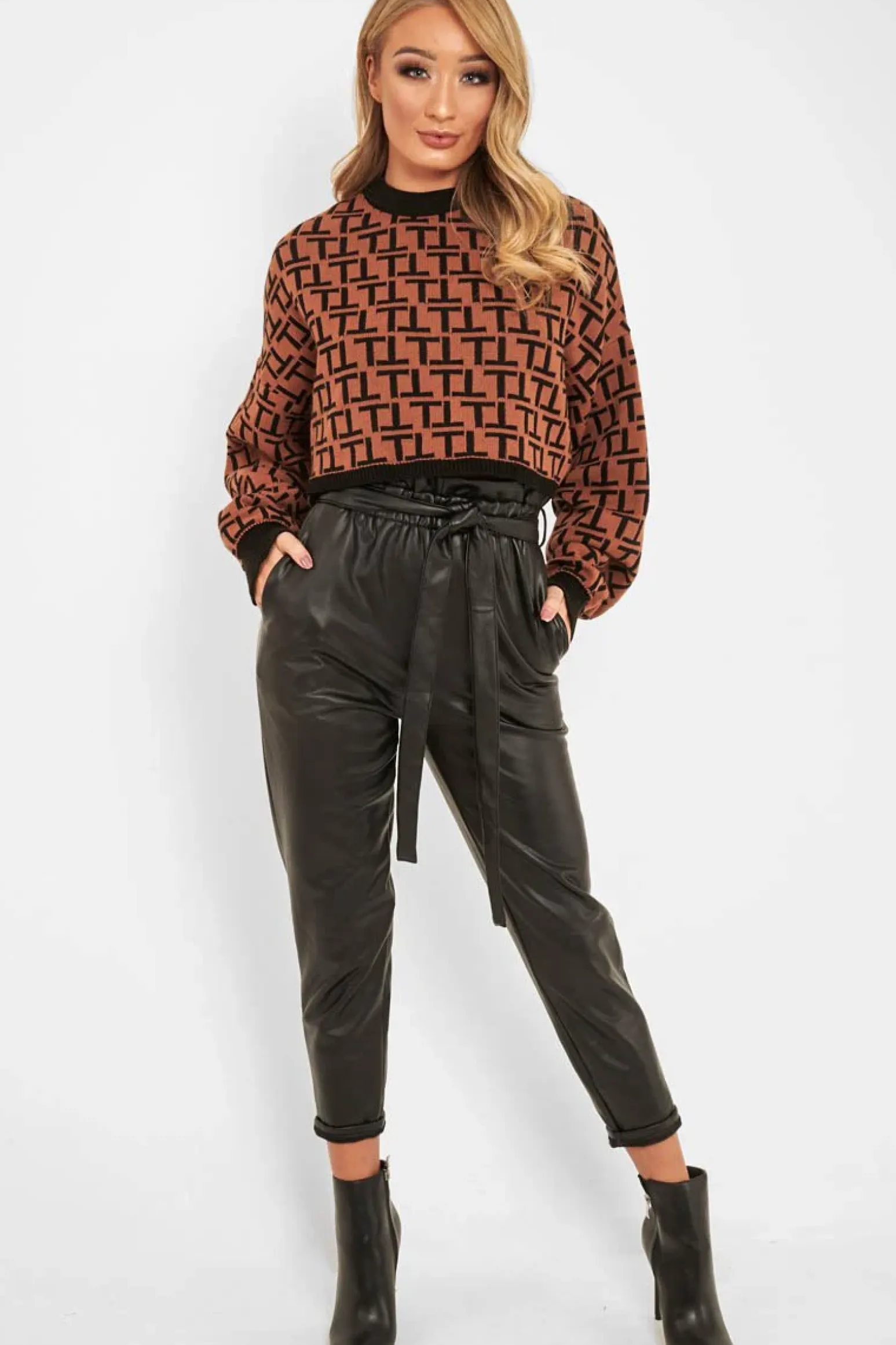 Rebellious Fashion Black Faux Leather Tie Waist Tapered Trousers - Calina