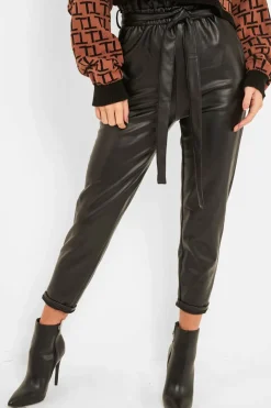 Rebellious Fashion Black Faux Leather Tie Waist Tapered Trousers - Calina