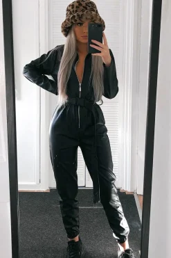 Rebellious Fashion Black Faux Leather Utility Belt Boilersuit - Marlo