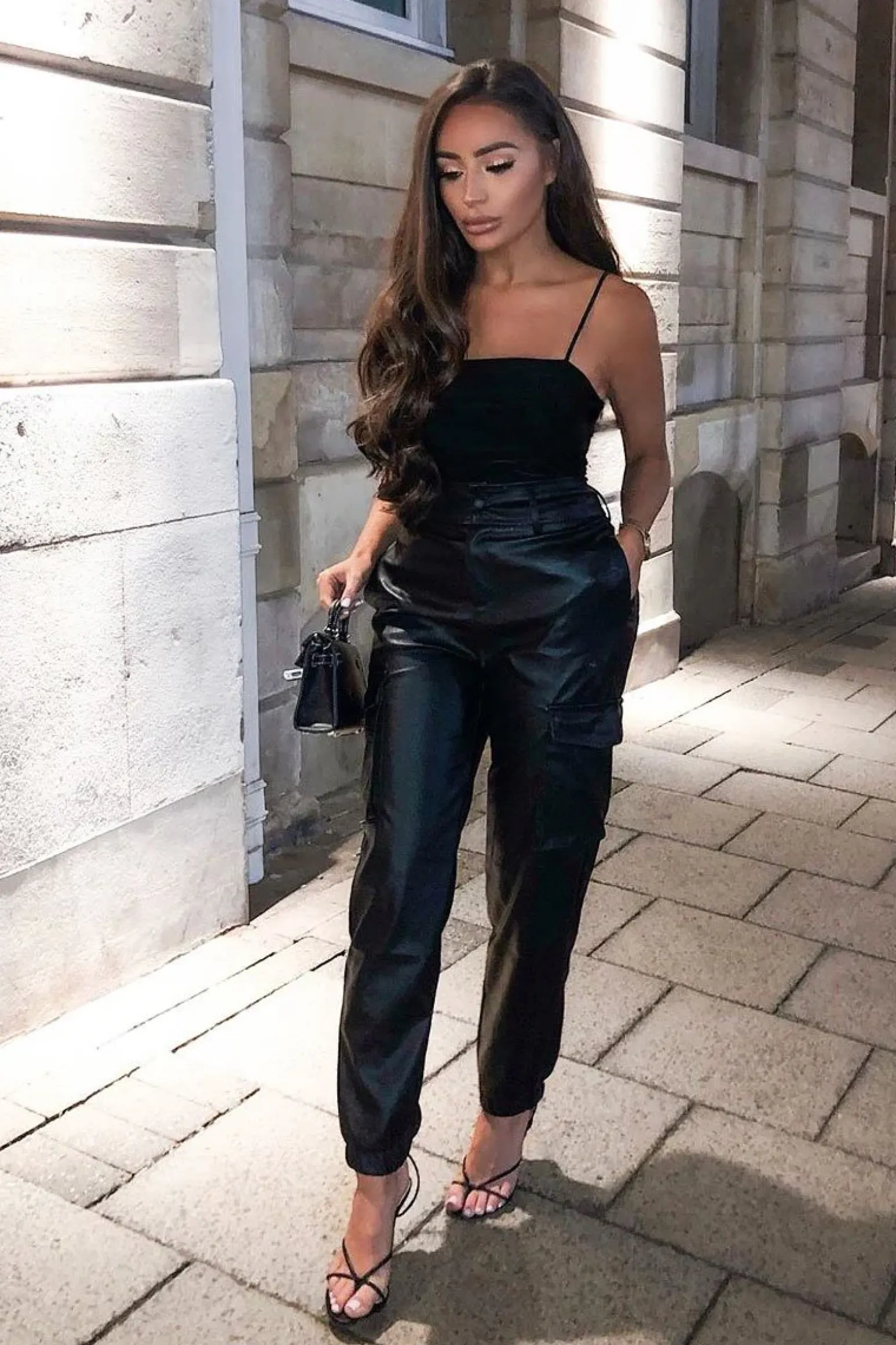 Rebellious Fashion Black Faux Leather Utility Cuff Bottom Trousers - Dayna