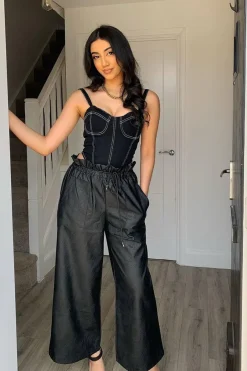 Rebellious Fashion Black Faux Leather Wide Leg Cropped Trouser- Haidy
