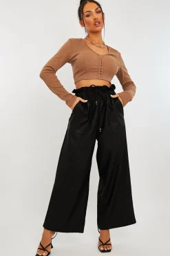 Rebellious Fashion Black Faux Leather Wide Leg Cropped Trouser- Haidy