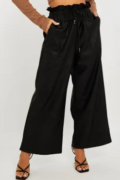 Rebellious Fashion Black Faux Leather Wide Leg Cropped Trouser- Haidy