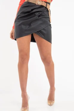 Rebellious Fashion Black Faux Leather Wrap Front Mini Skirt - Ivyanna