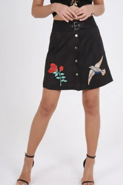 Rebellious Fashion Black Faux Suede Embroidered Button Up Mini Skirt - Marlia