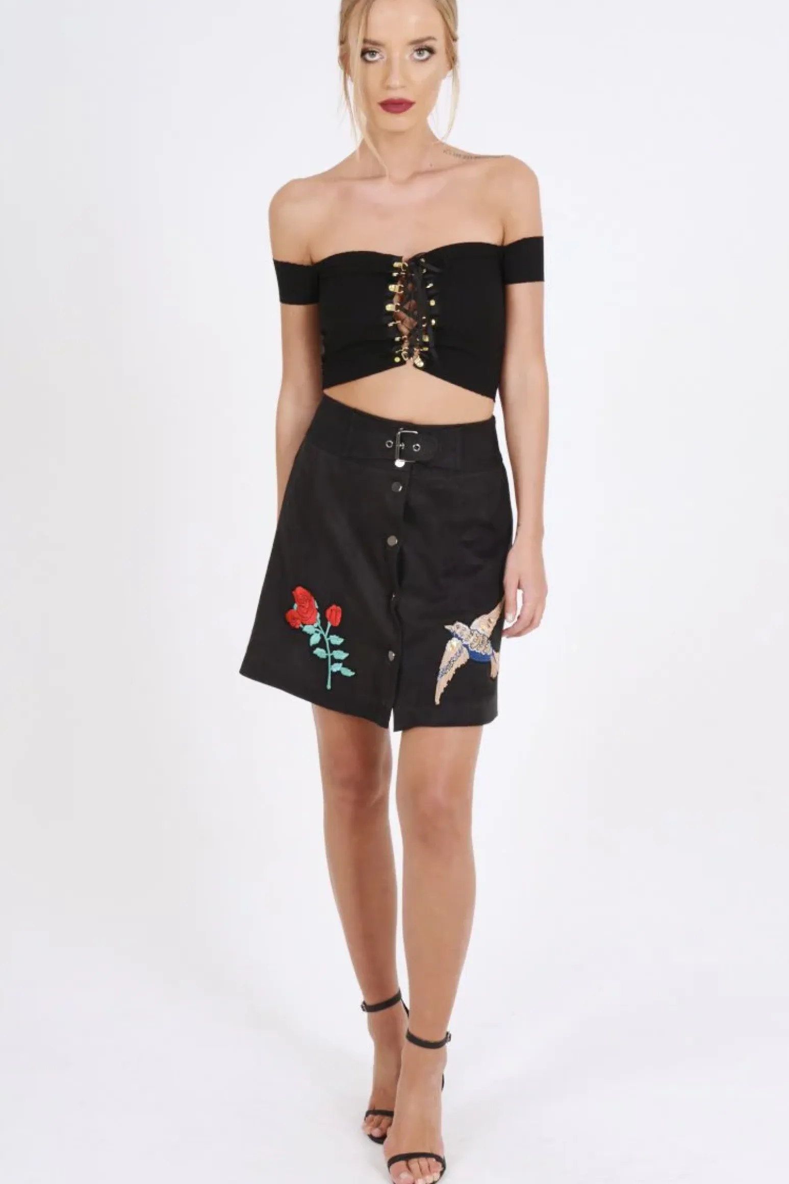 Rebellious Fashion Black Faux Suede Embroidered Button Up Mini Skirt - Marlia