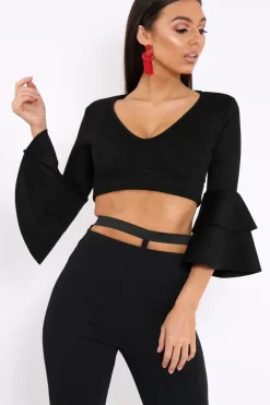 Rebellious Fashion Black Faux Suede Plunge Front Crop Top - Quorra