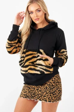 Rebellious Fashion Black Faux Tiger Fur Detail Hoodie - Braelyn