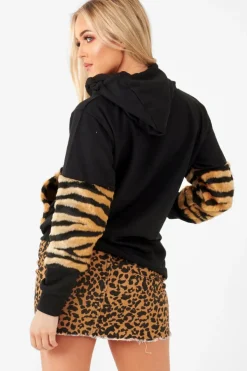 Rebellious Fashion Black Faux Tiger Fur Detail Hoodie - Braelyn