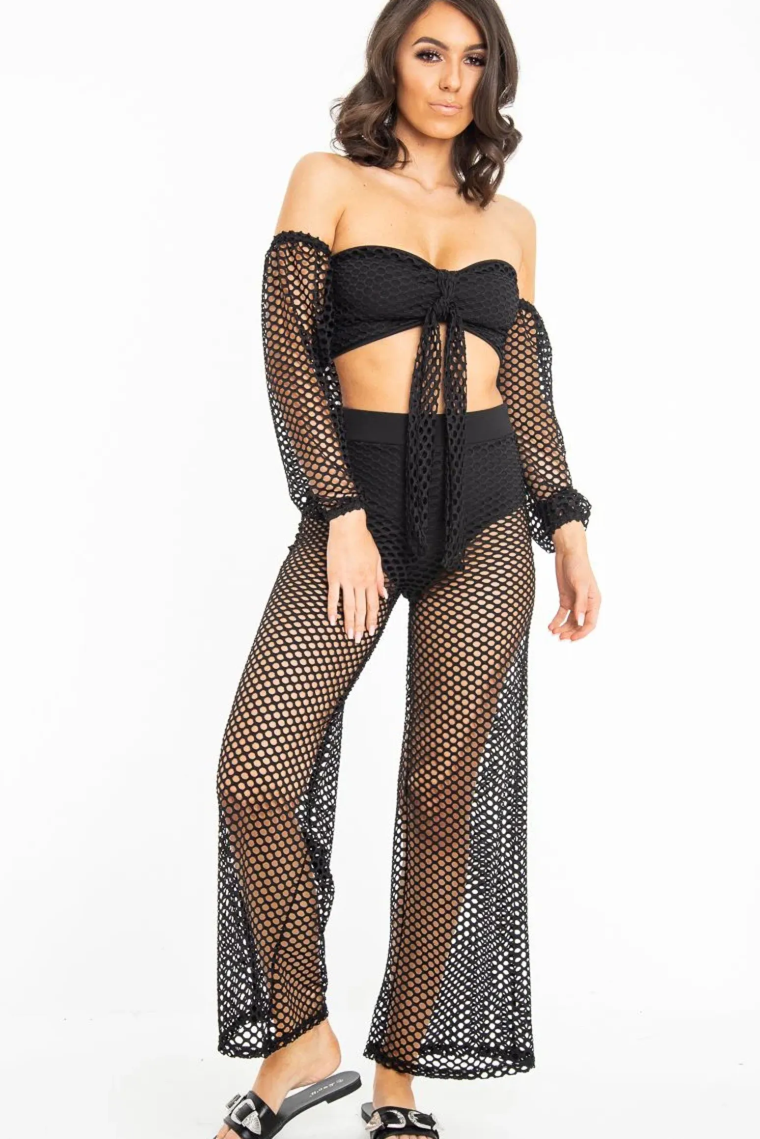 Rebellious Fashion Black Fish Net Crop Tie Top and Trousers Co-ord - Misa