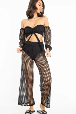 Rebellious Fashion Black Fish Net Crop Tie Top and Trousers Co-ord - Misa